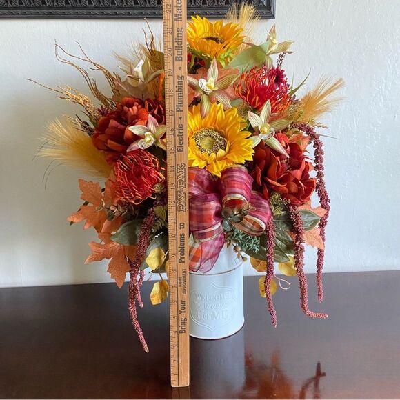 Fall Faux Floral Bouquet in White Jar With Sunflowers/Peonies - Picture 9 of 13